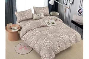 H HANSEL HOME Funda Nordica Cama 90 de 3 Piezas Transpirable Suave al Tacto 100% Microfibra, Funda Edredón 150x220cm, Bajera 90x200cm con 1 Funda de Almohada 45x110cm - Beige con Flores