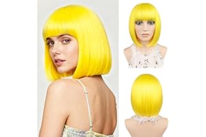 ‎JIAMEISI Kurze Bob-Perücke mit Pony, 30cm, glatt, bunt, synthetische Faser, Bob-Perücke für Frauen und Mädchen, geeignet für Cosplay, Weihnachten, Halloween, den täglichen Gebrauch bei Partys (Gelb)