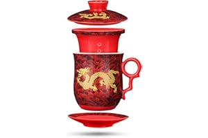 YURROAD Chinois Dragon Tasse À Thé Avec Passoire Infuseur Couvercle Soucoupe Céramique Mug, 400ml - TC400 Rouge