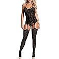 CheChury Women's Lingerie Set with Suspenders and Stockings Lace Halter Nightwear One Piece Underwear for Ladies Corset Bodysuit with Thongs Sleepwear