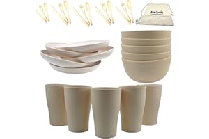 NOWCOOKS Camping Set 5 People, Plates, Mugs and Bowls Set of 5 - UK/EU Tested, BPA Free, Re-useable Perfect for Parties, picnics, Camping and Caravans, Safe for Kids & Adults (Cream, 30)