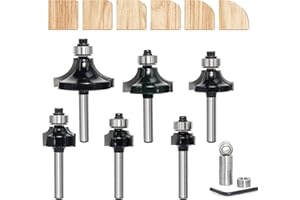 AKYLIN 6PCS Roundover Router Bit Set , 1/4 inch Shank，Corner Rounding Edge Forming Cutter, Roundover Beading Router Bit, Radius 1/16”,1/8”, 3/16”, 1/4”, 3/8”, 1/2” with 6 extra 3/8" bearings