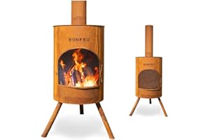 BonFeu BonTon 60 Rost - Terrassenofen - Feuerstelle mit Funkenschutz für entspannte Abende - Feuersäule Outdoor - Terrassenkamin mit Grillrost - Gartenofen aus Cortenstahl - 60x60x205cm
