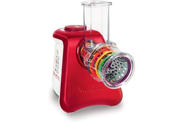Moulinex DJ812510 Découpe Légumes Électrique Fresh Express Max 5 en 1 Râper Fin Épais Trancher Gratter Fromage Mandoline Légumes Fruits Glace Pilée 260W Rouge