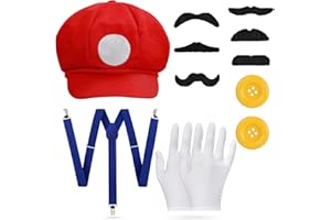 BIQIQI Accesorios de Disfraz de Mario con Sombreros Rojo Mario Guantes Tirante Botones Bigotes Falsos, Disfraz de Mario Bros Mario para Hombres Mujeres Halloween Cosplay Disfraz de Carnaval
