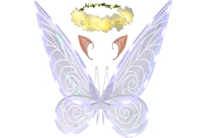 LOYO Fairy Wings, Light Up Sparkling Fairy Costume Wings for Adults Women Girls, Fairy Halloween Costume for Women with LED Light Fairy Crown Ears (white)