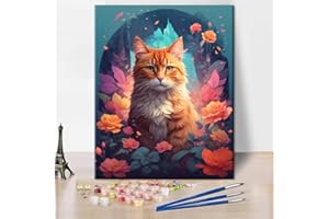 TISHIRON Cat Paint by Numbers for Adults with Brushes DIY Animals Acrylic Painting by Number Kits Canvas Gifts Kittern and Flowers Oil Paint by Numbers Art Crafts 16"x20"(Frameless)