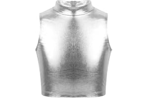 iEFiEL Mädchen Crop Top Metallic Shirt Weste Rollkragen Jazz Oberteile Wetlook BH Kurzarm T-shirt Tanktop Glänzend Tanz Kostüm gr. 122-164