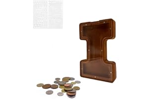 MEDOYOH Letter "I" Money Box, A - Z Letters 23CM/9IN Wooden Alphabet Piggy Bank Coin Bank Coin Storage Tank Money Bank with Alphabet Stickers for Adults Kids