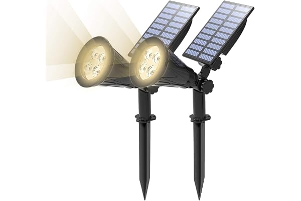 T-SUN [2 Pack LED Solaire Projecteur, Lampe Solaire de 4 LED, Étanche Extérieur Lampe Jardin,Éclairage de Sécurité Paysage Lumière pour Chrismas Arbre, Clôture, Patio, Fête. (Blanco Naturel 4000K