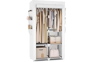 Vicye Armadio a Risparmio di Spazio, Armadio in Tessuto con 2 Barre Appendiabiti, 4 Ripiani e 6 Tasche Laterali, Armadio per Camera da Letto, Dormitorio o Spogliatoio, Bianco(90 x 45.5 x 172 cm)