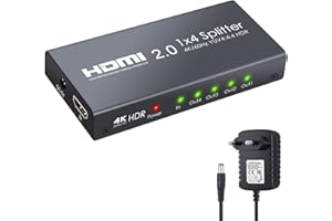 ESYNiC HDMI 2.0 Splitter 4 Vie HDMI Splitter Supporta 4K@60Hz YUV 4:4:4 e HDR con Alimentatore 1 In 4 Out HDMI Splitter Amplificatore per PS4 Pro Sky Box Blu-ray Player HD TV Proiettore