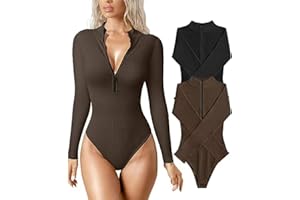 LOTGET Women's Bodysuits Sexy Ribbed One Piece V Neck Long Sleeve T Shirts