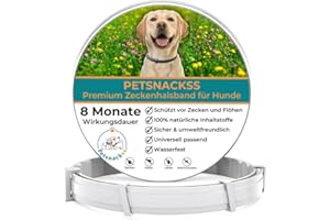 PETSNACKSS Zeckenhalsband für Hunde - 100% Natürliche Inhaltsstoffe - bis zu 8 Monate wirksamer Schutz gegen Zecken, Flöhe und Läuse - Universell passend (1er Pack)
