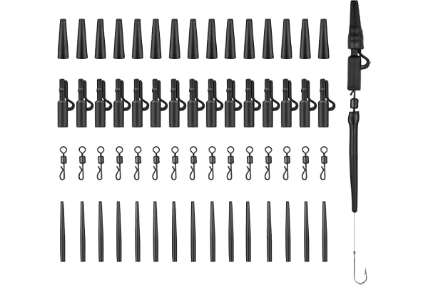 Realure 60 Pcs Clip Plomb Carpe, Clip Plomb Peche a Carpe avec Clips en Manchons Anti-enchevêtrement Queue en Caoutchouc et émerillons à Changement Rapide(Noir) (Noir (60 Pcs))