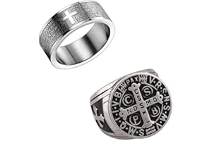 Flongo Anello da Uomo Medaglia Croce dell'Ordine di San Benedetto di Norcia, in Acciaio Inossidabile, Colore Oro Argento Nero