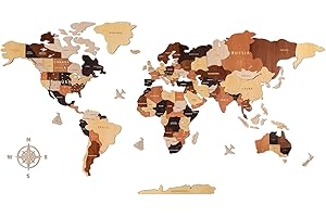 Creawoo Mapa del Mundo de Madera 3D Decoración de Pared, multicapa mapamundi de madera arte decoración de pared para sala de estar oficina dormitorio, mapa de viaje multicolor, idea de regalo-100x57cm
