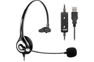 Wantek USB Headset Mono mit Noise Cancelling Mikrofon und Lautstärkeregler, PC Kopfhörer für Business Skype UC SoftPhone Call Center, Kristallklarem Chat, Superleicht, Ultra Komfort(UC600)