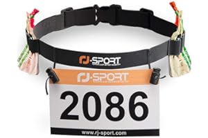 RJ-Sport Race Number Belt - Triathlon Race Belt Bib Holder with 6 Energy Gel Loops for Triathalon, Marathon, Running and Cycling, 01 Black, One size