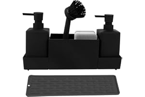 CAUTIOUS Dozownik płynu do naczyń 5 w 1, dozownik mydła i gąbki dozownik mydła kuchennego z gąbką i pędzlem do blatu kuchennego, czarny, pojemność 350 ml x 2 szt