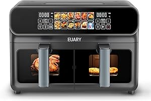 EUARY 9L Dual Air Fryer 2800W Large Double Air Fryer XXL, Visible Window 2 Drawers Airfryer, LED Display 2 Basket Double Stack Air fryers, Oil Free 12 Pre-sets Large Air Fryer for Family Multi Cooker