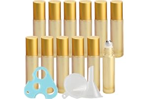 TIANZD Lot de 12, Flacons à Bille pour Huiles Essentielles 10ml – Bouteilles Roll-on en Verre Jaune avec Couvercle Or avec Rouleau en Acier Inoxydable (1 décapsuleur et 1 entonnoir)