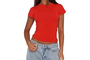 OZYILIAN Damen Basic Kurzarm Crop Top Casual Y2K Rundhalsausschnitt Tops Slim Fit Tshirts Influencer Top Shirt