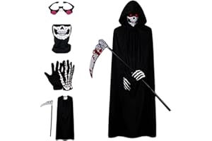 Eclipto Grim Reaper Costume, Set of 5 Halloween Costumes Boys, Black Scary Halloween Costume Set, Grim Reaper Outfit with Glowing Eyes, Halloweens Scary Cosplay for Party.