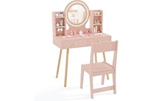COSTWAY Kids Dressing Table, Girls Vanity Set with Stool, 2-Color LED Lights Mirror, Drawers, Storage Shelves, Make Up Pretend Dresser Desk Chair Set (Dusty Pink)