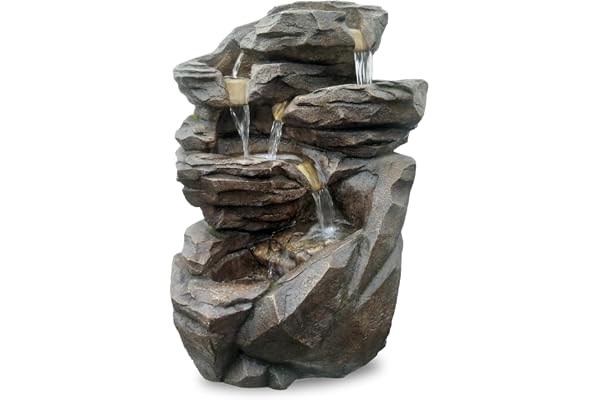 Grande Fontaine Niagara – Fontaine d’Intérieur et d'Extérieur Cascade 5 Niveaux – Fontaine Jardin Terrasse Salon Nature Zen Lumière LED – Circuit fermé – Gris – H 71x54x44cm – Zen’Light