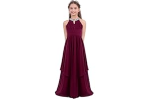 IEFIEL Enfant Fille Maxi Robe Demoiselle d'honneur Mariage Col Paillettes Robe Princesse Eté Fille Fête d'anniversaire Pageant Mousseline de Soie Robe 4-16 Ans