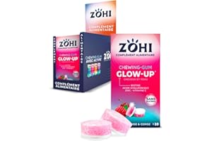 ZOHI Chewing-gum sans sucres avec actifs - Glow up - Goût framboise cerise- Complément alimentaire avec édulcorants - Boîte de 12 plaquettes de 10 chewing-gums