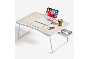 BTGGG Laptop Bed Table, Portable Lap Bed Desk with Handle, Foldable Computer Bed Table with Cup Slot & Side Drawer, Notebook Stand Breakfast Bed Tray for Bed, Sofa, Balcony,Carpet (Maple)