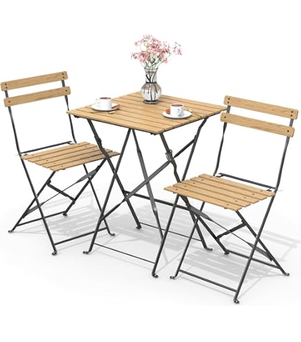 Set Bistrò Da Giardino Avolio - 2 Sedie E Tavolino Pieghevoli In Acciaio E Legno Effetto Teak, Stile Retrò