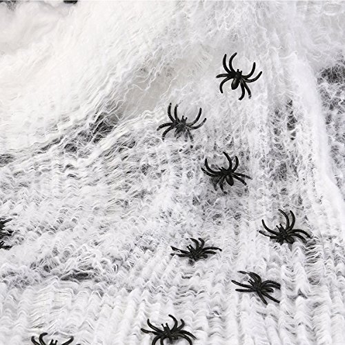 RUIMIO Spinnennetz Halloween Weiß Dehnbar mit 25 Spinnen