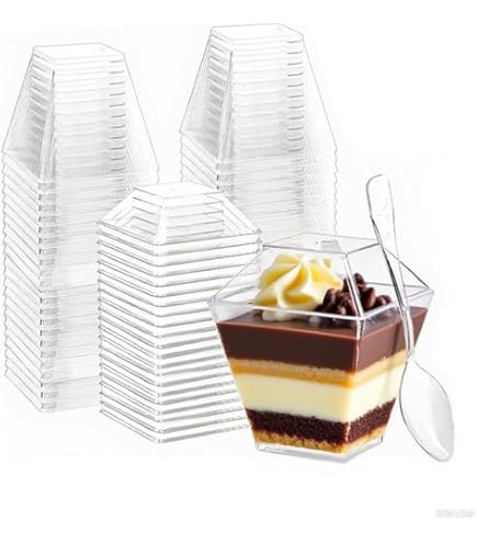 50 Coupes à Dessert En Plastique Doré Avec Cuillères - 60-70ml, Réutilisables - Pour Mousse, Tiramisu, Fêtes