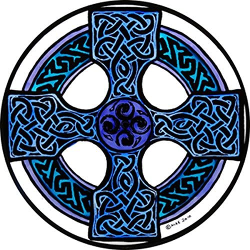 STAINED GLASS WINDOW ART - STATIC CLING DECORATION -CELTIC CROSS IN BLUE