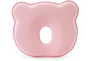AOOPOO Babykissen, Baby Kopfkissen Gegen Plattkopf, Baby Kissen Kopfverformung 100% Baumwolle, Kinderkopfkissen Memory Schaum für 0-12 Monate Neugeborene Säugling Kinderwagen Autositz (Rosa)