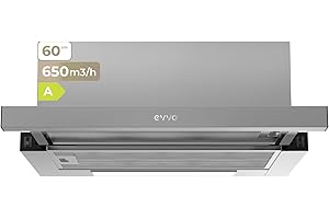 EVVO Campana Extractora Telescópica CE11, Ancho 60 cm, Potencia 650 m³/h, Filtro de Aluminio con 5 Capas, Luz LED, Filtro de Carbón Activo, 2 Velocidades, Eficiencia Energética A, Acabado Inox