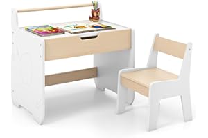 LIFEZEAL Tavolino e Sedia per Bambini 3+Anni, Tavolo con Lavagna Bifacciale, Contenitore Nascosto, Rotolo di Carta, Sedia con Schienale, Tavolino Montessori Multiattivita per Cameretta (bianco)