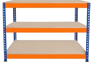 MONSTER RACKING Banco de Trabajo p/Garaje S-Rax 3 Niveles | 120cm x 60cm x 90cm | Capacidad por Nivel 300kg | Montaje Sin Tornillos | 1 Barra de Soporte Reforzada | Patas de Goma | Mesa para taller almacén depósito