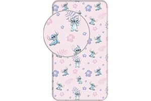 JERRY FABRICS Disney Lilo und Stitch prześcieradło z gumką, ścieg z kwiatami, 90 x 200 + 25 cm, 100% bawełna