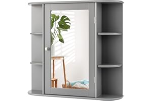 CASART Bathroom Mirror Cabinet, Wall Mounted Storage Cupboard with Single Door and Adjustable Shelves, Wooden Medicine Cabinet Display Organizer Unit for Bathroom Kitchen Living Room (Grey)