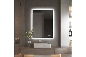 furduzz Illuminated Backlit LED Bathroom Mirror, 600x450mm Wall Mounted Multifunction Bathroom Vanity Mirror with Touch Button 3 Colour Light Dimmable Anti Fog Make Up Mirror, Vertical/Horizontal