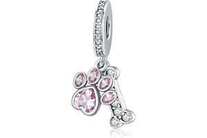 LaMenars Charms Pink Paw Ciondola 925 Sterling Silver Dog Bone Ciondolo Bead con Cubic Zirconia Adatto Europa Charm Bracciale Collana, Regali per Donne Ragazze