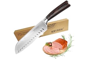 KAYRUK Couteaux de Chef Professionnels avec Lame de 18 cm, Couteau Santoku avec Manche Ergonomique, Couteau de Cuisine en Acier Inoxydable Tranchant pour Couper la Viande, le Poisson et les Légumes