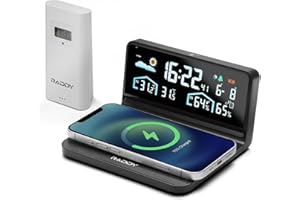 Raddy DT5-W Stazione Meteo Senza fili con Sensore Esterno, Display a Colori Grandangolare, Ricarica Wireless QI da 15 W, Funzione Sveglia e Snooze, Previsioni Meteo, Retroilluminazione Regolabile
