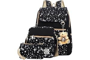 BANSUSU Star Print Girls Black Childrens Backpacks for School, School Bags for Teenage Girls Primary Secondary School, with Crossbody Bag, 3 Pieces