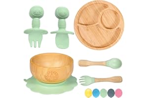 77STAR 77 Star Bamboo Baby Weaning Set, Baby Suction Bowl, Suction Plate Baby, Spoon & Fork, Strong Detachable Suction Base Baby Feeding Set, Non-Slip Bamboo Bowl & Baby Plates with Suction (Mist 1)