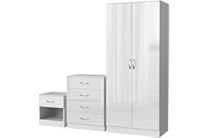NERA FURNISHINGS Nera White Gloss Bedroom Furniture Set 3 Piece Set with Wardrobe Chest of Drawer Bedside Table Bedroom Storage